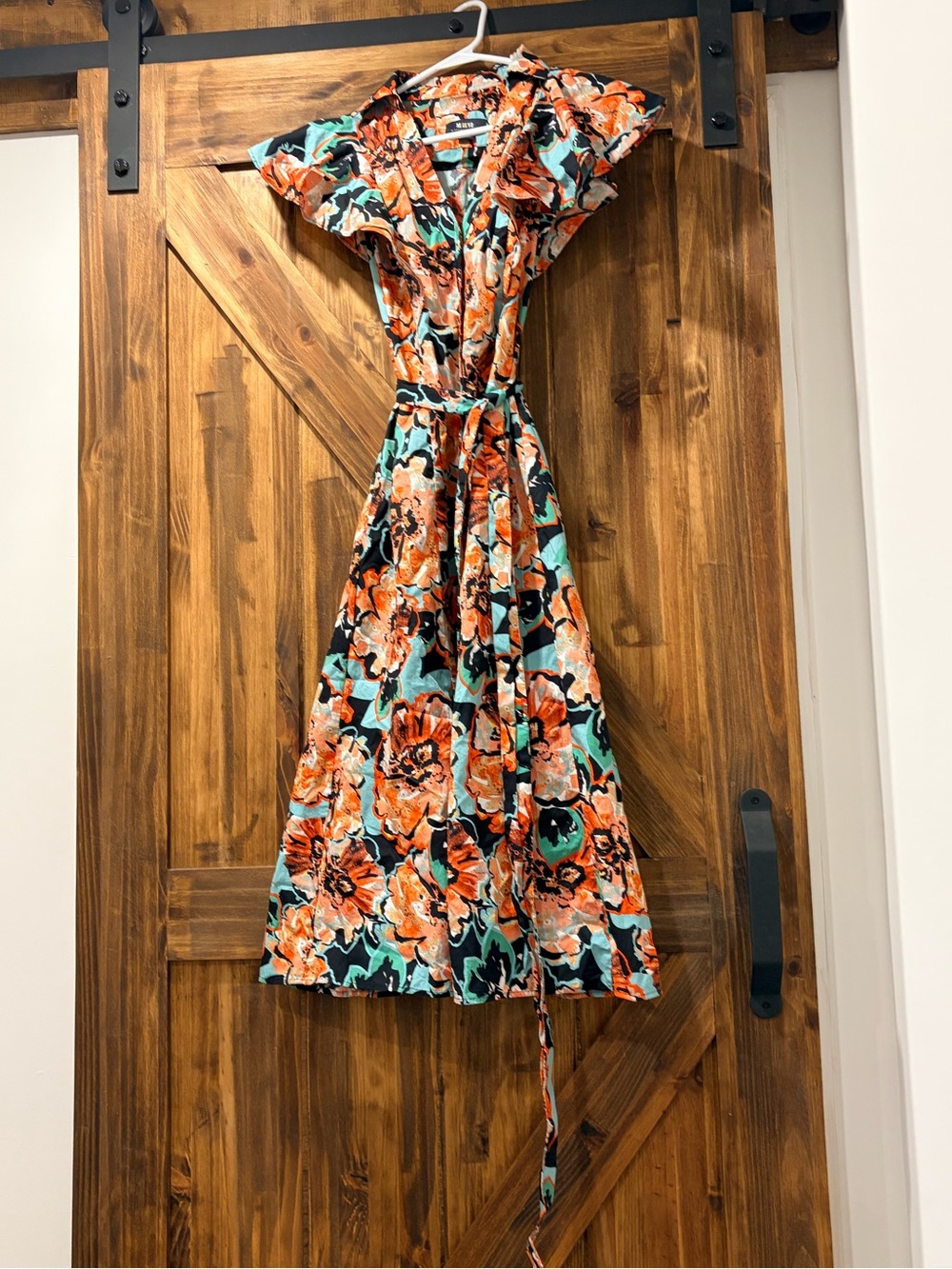Anthropologie Orange & Teal Floral Wrap Midi Dress